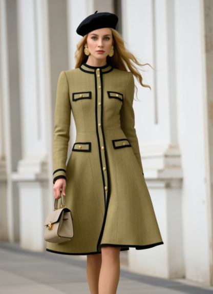 Work A-Line Dress Green Crew Neck Long Sleeve Knee-Length Dress