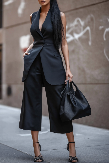 Blazer Pants Suit Sets Black Lapel Sleeveless Work Wide-Leg Set