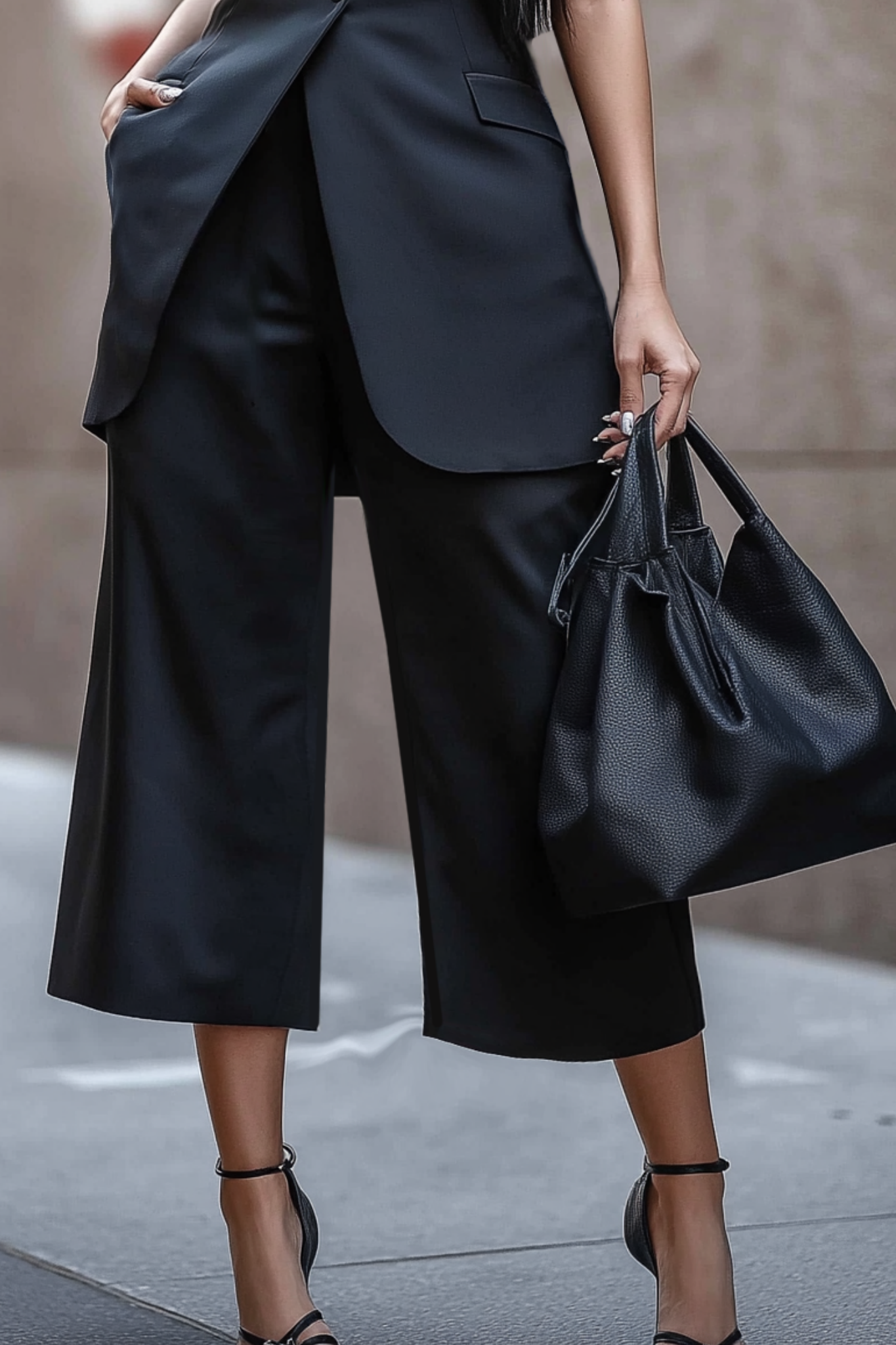 Blazer Pants Suit Sets Black Lapel Sleeveless Work Wide-Leg Set