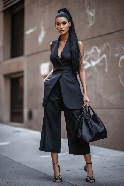 Blazer Pants Suit Sets Black Lapel Sleeveless Work Wide-Leg Set