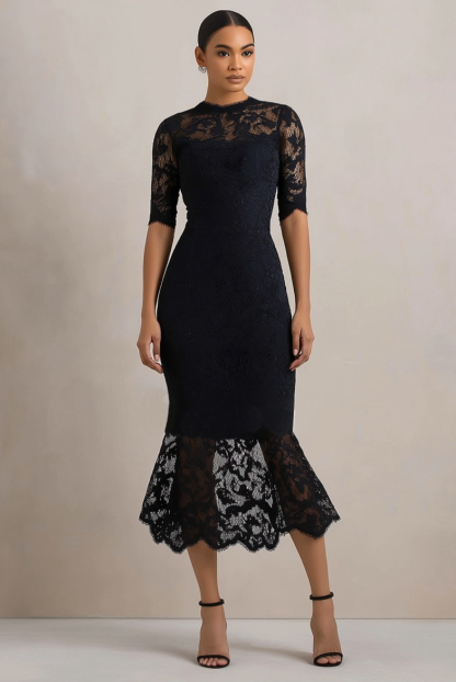 Cocktail Dress Black Crew Neck Midi Lace Dress