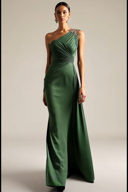 Formal Evening Dress Green One-Shoulder Ruched Floor-Length Dress