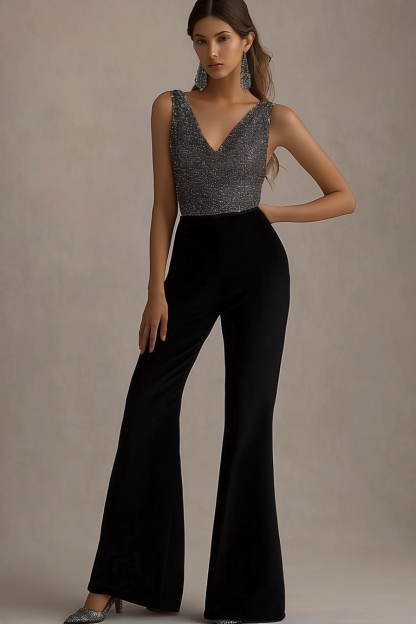 Cocktail Party Jumpsuit Silver Black V Neck Wide Leg Pants