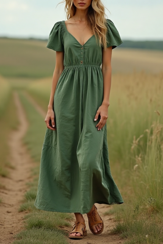 Bohemian Dress Green V Neck Ruched Maxi Dress