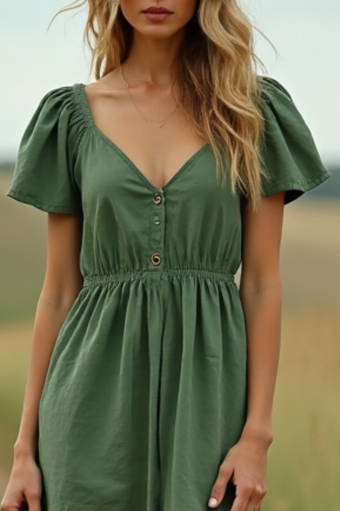 Bohemian Dress Green V Neck Ruched Maxi Dress