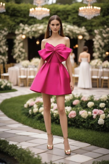 Homecoming Party Satin Dress​​ Fuchsia Strapless Bow Mini Dress