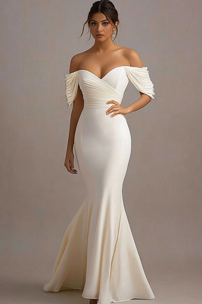 Formal Evening Dress White Off-Shoulder Mermaid Floor-Length Gown