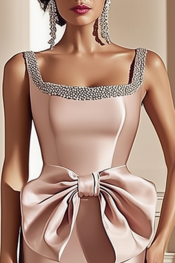 Cocktail Party Dress Pink Wide Strape  Midi Bow Satin Dress