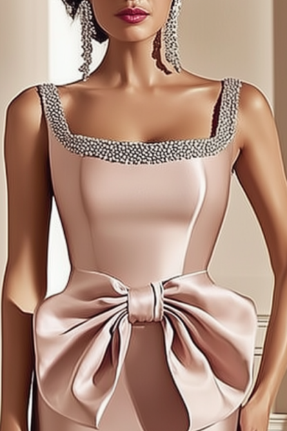 Cocktail Party Dress Pink Wide Strape  Midi Bow Satin Dress