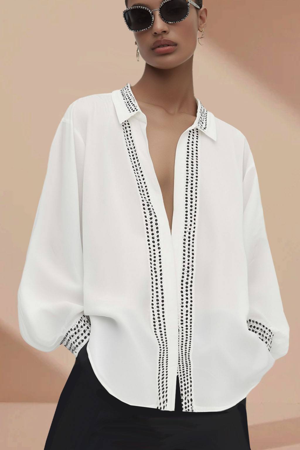 Casual Vacation Top White Deep V Lapel Long Sleeve Loose Shirt