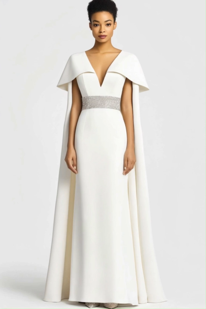 Formal Evening Dress White Deep V with Cape Rhinestone Belt Maxi Dress