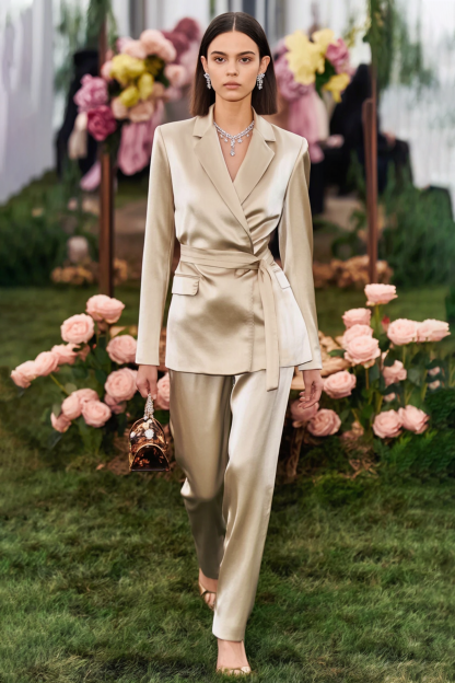 Business Party Blazer Suit Sets Golden Lapel Long Sleeve Pants Set