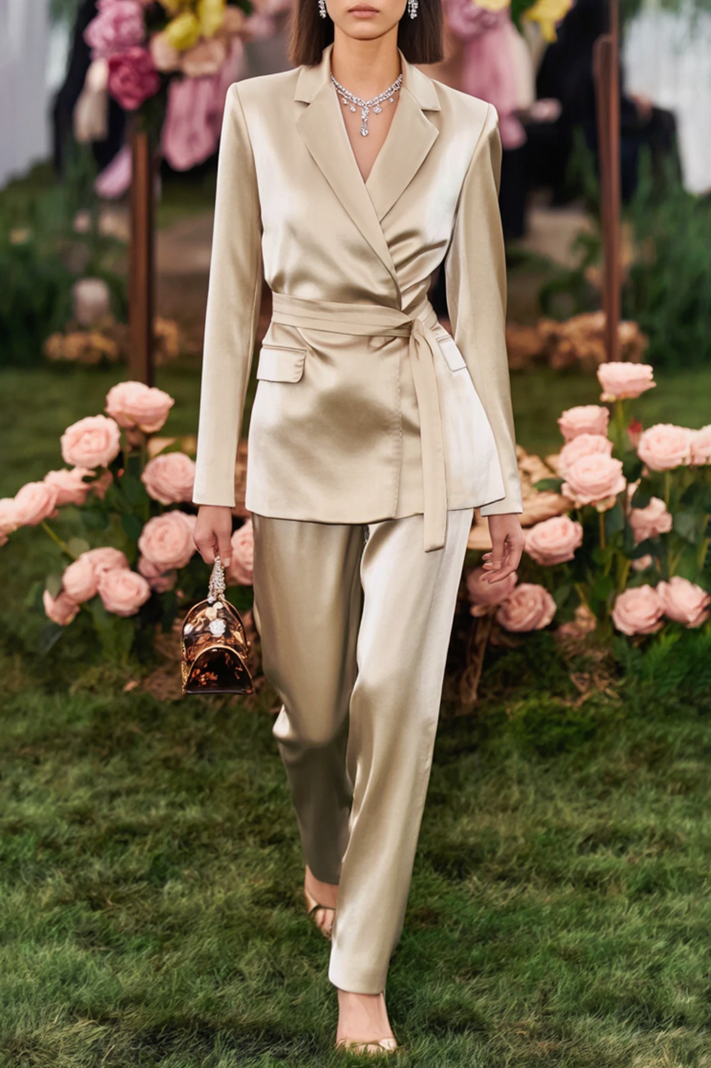 Business Party Blazer Suit Sets Golden Lapel Long Sleeve Pants Set