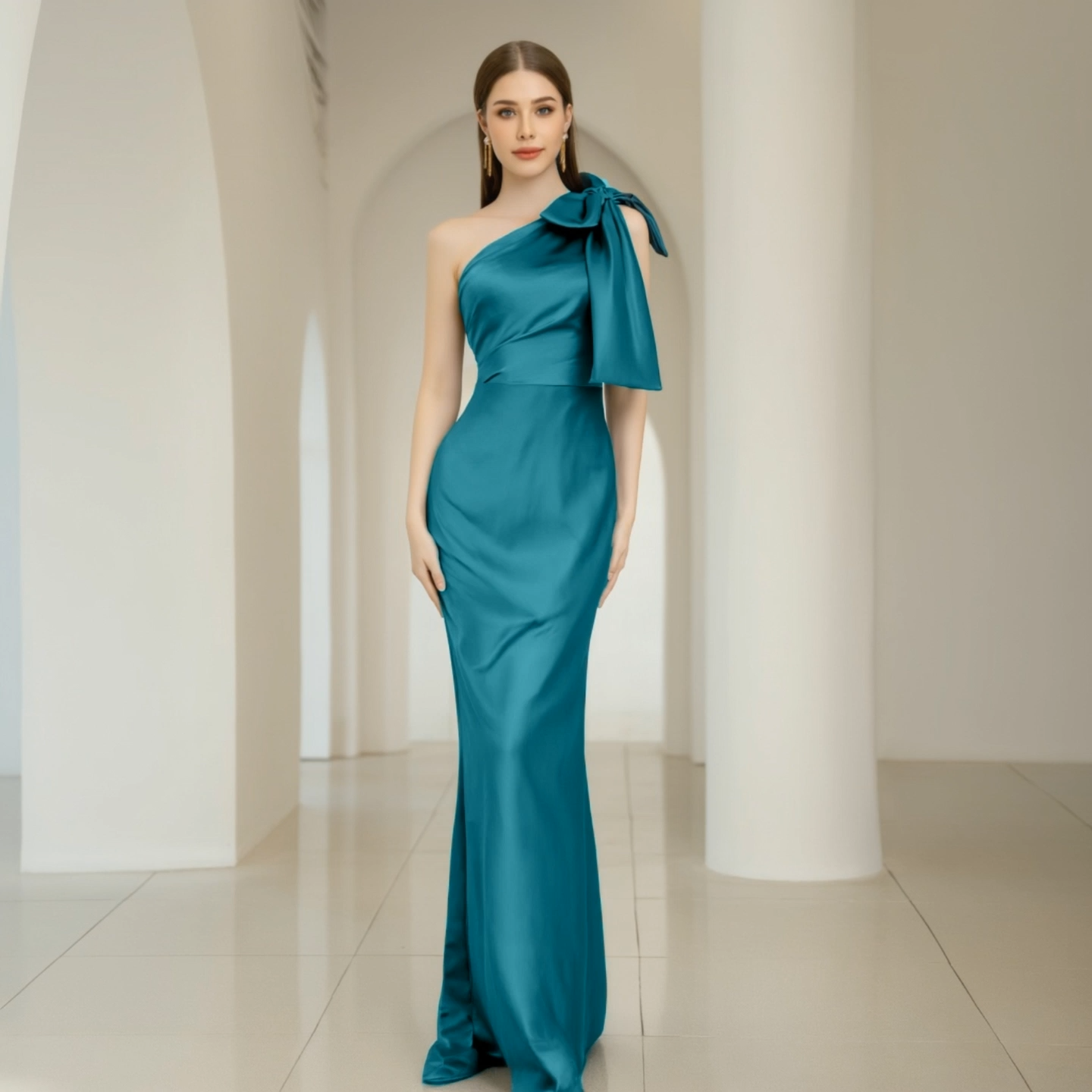 Evening Formal Satin Dress​​ Green One Shoulder Floor-Length Dress