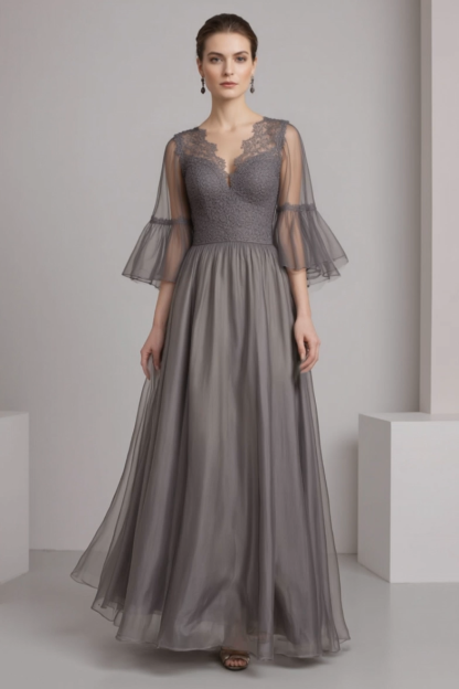 Evening Dress Gray V Neck Lace Maxi Dress for mother of the bride
