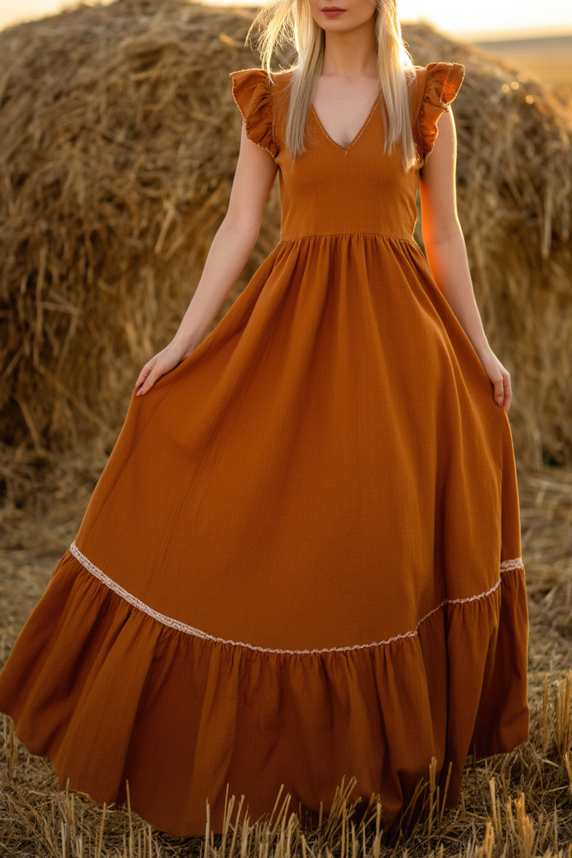 Bohemian Swing Dress Brown V Neck Ruched Maxi Dress