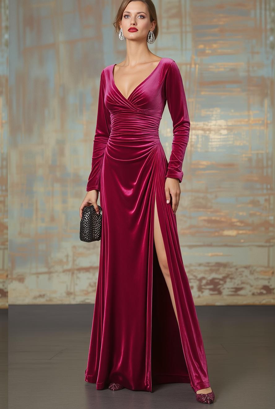 Fall Wedding Guest Dress Velvet Fuchsia V Neck Maxi Dress