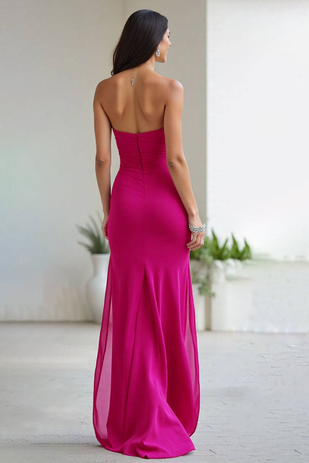 Elegant Evening Strapless Dress Fuchsia Mermaid Chiffon Floor-Length Dress
