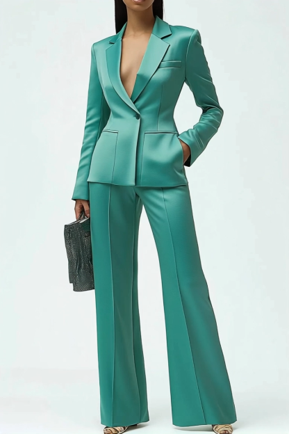 Work Formal Suit Set Green Satin Long Sleeve Pockets Pants Set