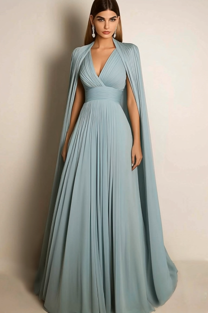 Formal Evening Dress Sage Green V-Neck Pleated Cape Floor-Length Gown