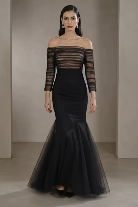 Formal Evening Dress Black Mesh Pleated Off-The-Shoulder Mermaid Dress