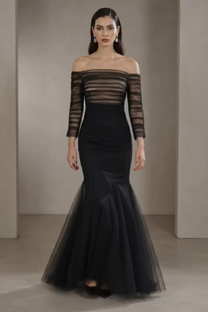 Formal Evening Dress Black Mesh Pleated Off-The-Shoulder Mermaid Dress