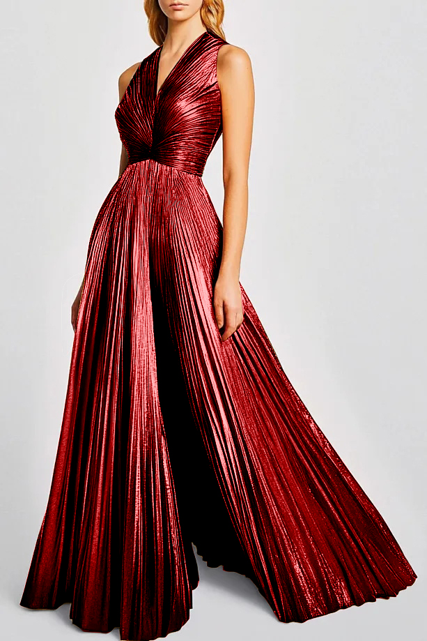 Party Cocktail Gold Pleated Deep V Maxi Dress