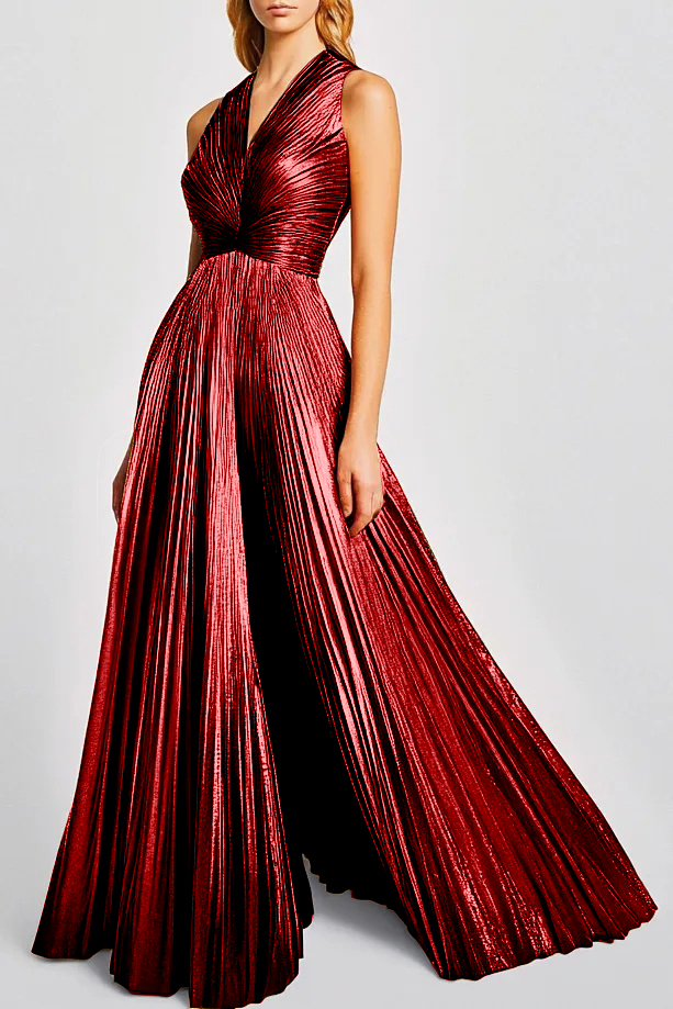 Party Cocktail Gold Pleated Deep V Maxi Dress