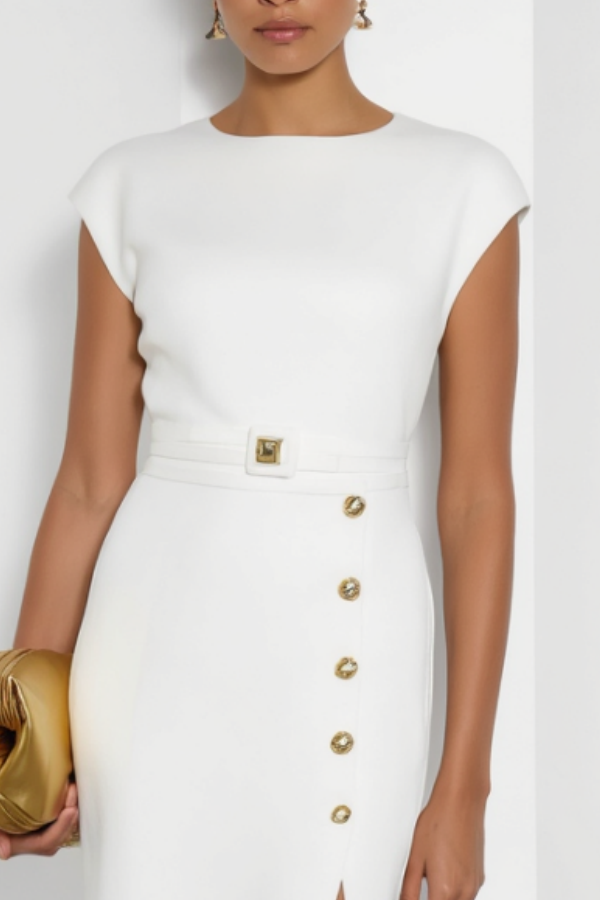 Work Dress​ White Crew Neck Slit Midi Dress