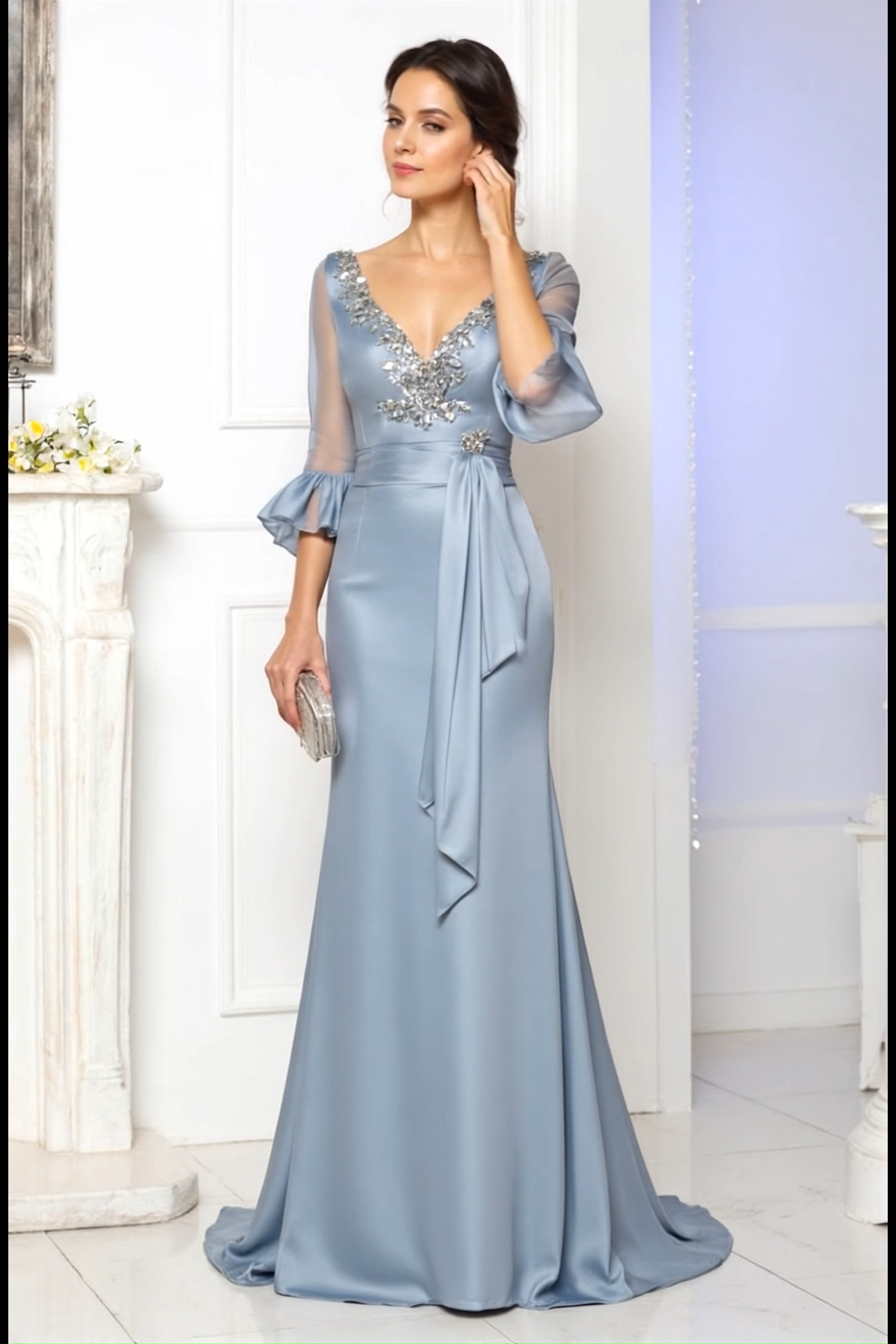 Evening Satin Dress Blue V Neck Lace up Maxi Dress for mother of the bride