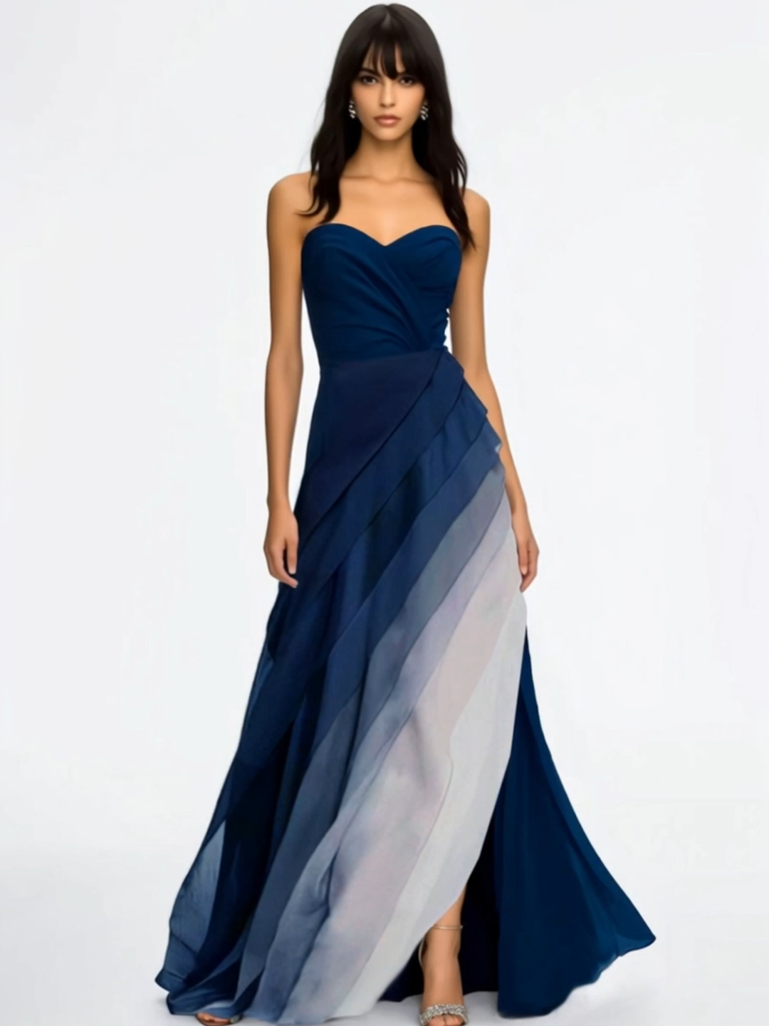 Formal Evening Dress Blue Ombre Strapless Multi-Layered Maxi Dress