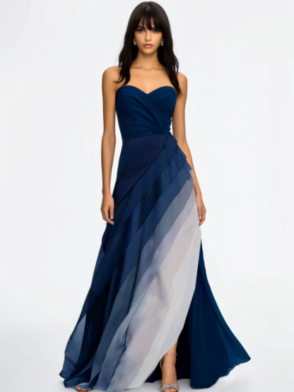 Formal Evening Dress Blue Ombre Strapless Multi-Layered Maxi Dress