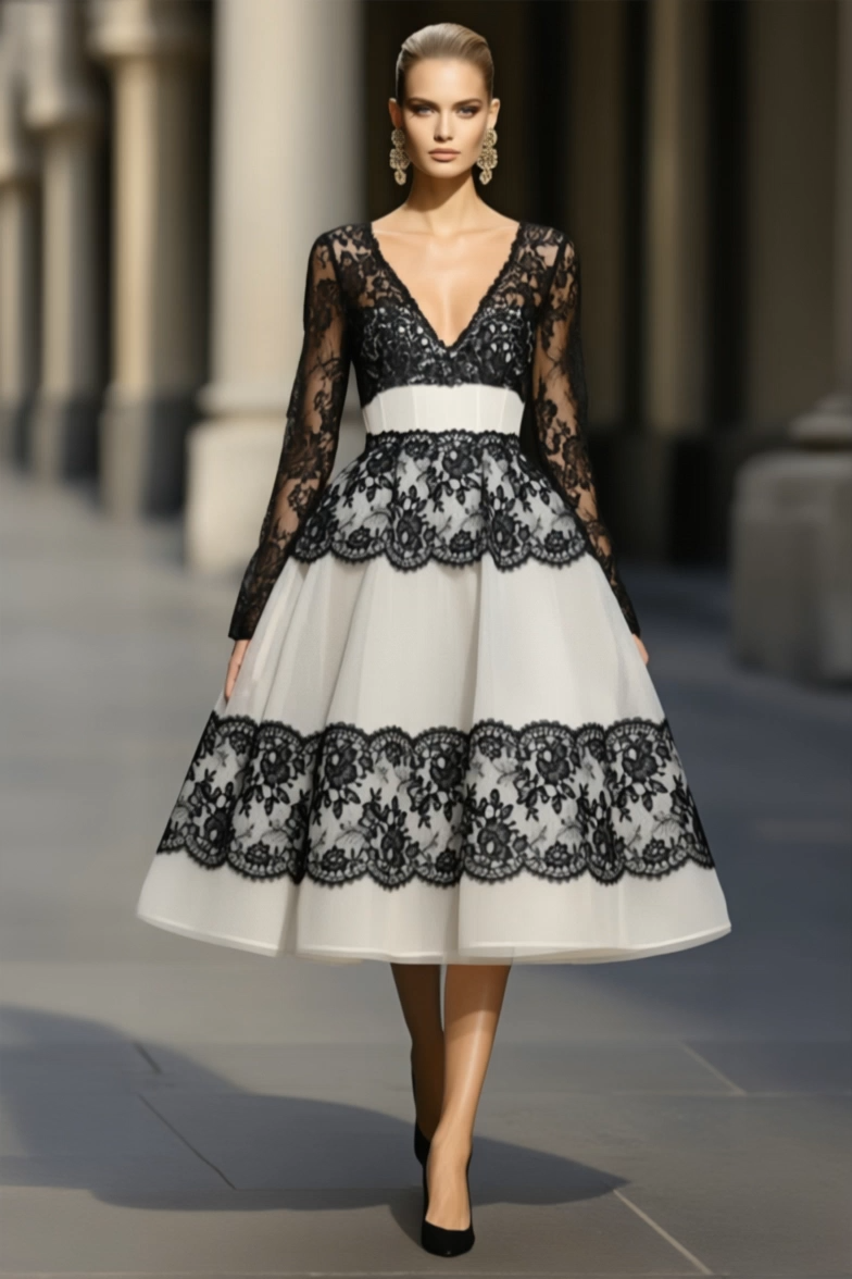 Party Prom Dress Black White Lace Deep V Long Sleeve A-Line Midi Dress