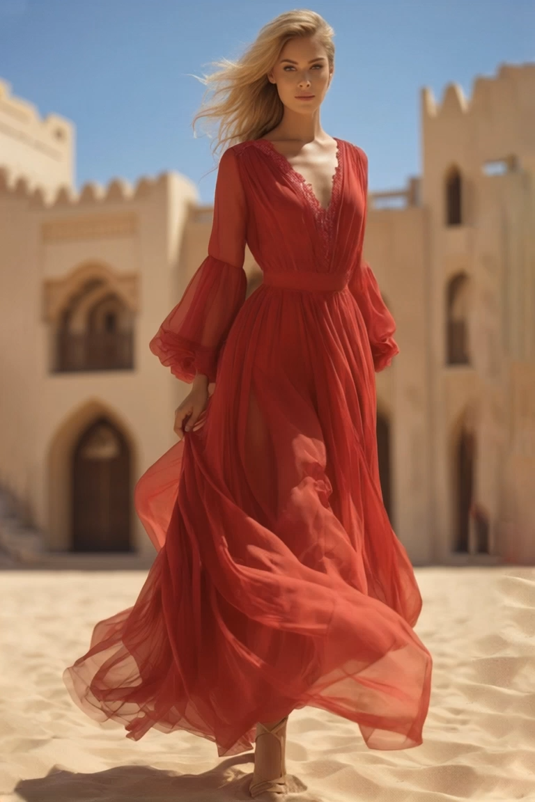 Bohemian Swing Dress Red V Neck Lace Maxi Dress