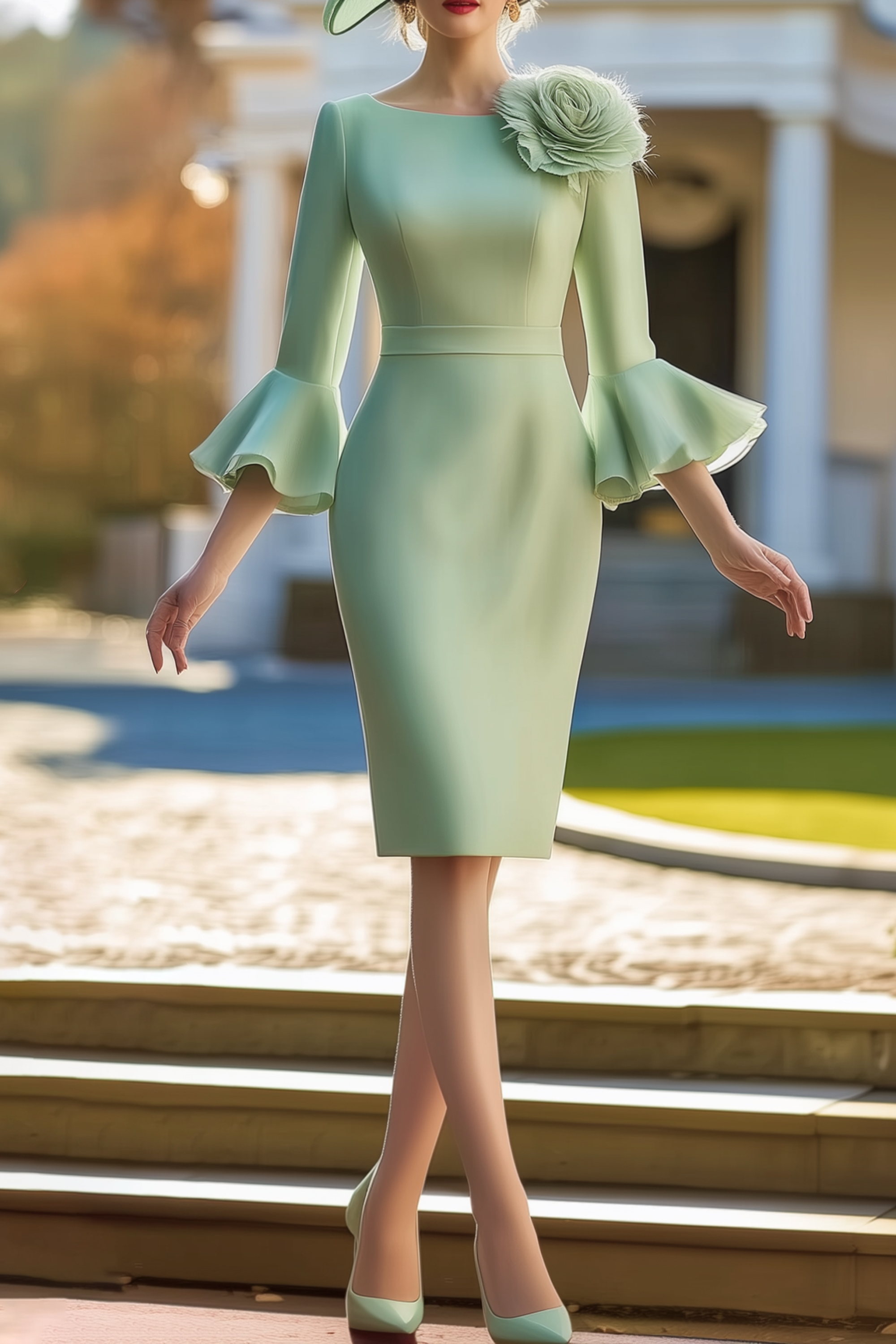 Mother of th Bride Dress Green Crew Neck 3D Floral Knee-Length Dress