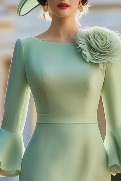 Mother of th Bride Dress Green Crew Neck 3D Floral Knee-Length Dress