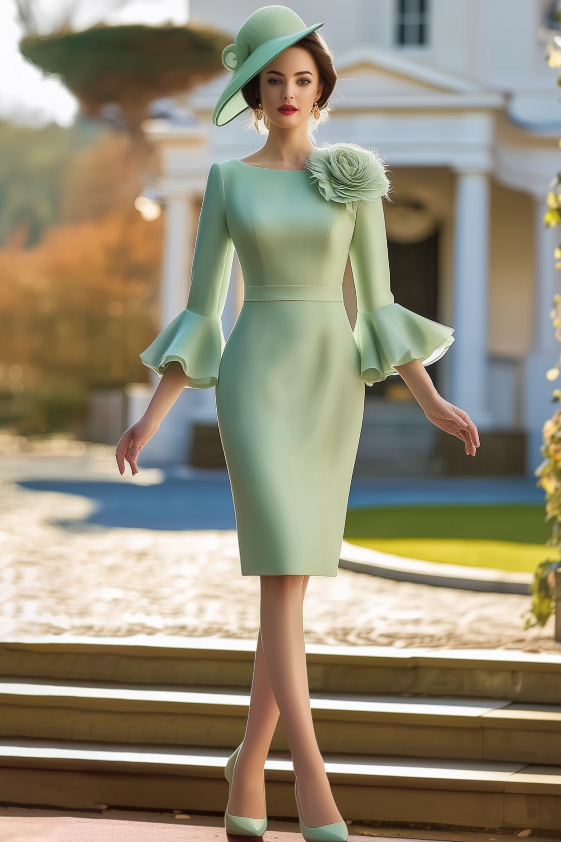 Mother of th Bride Dress Green Crew Neck 3D Floral Knee-Length Dress