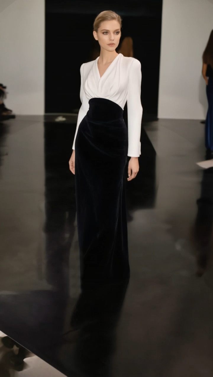 Formal Evening Dress Black White V Neck Maxi Velvet Dress