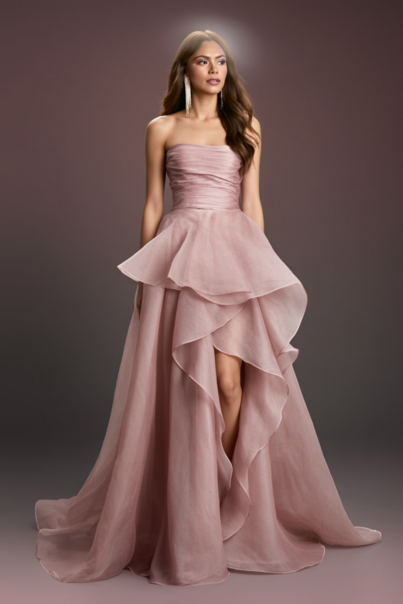 Formal Evening Tiered Dress Pink Ombre Floor-Length Gown
