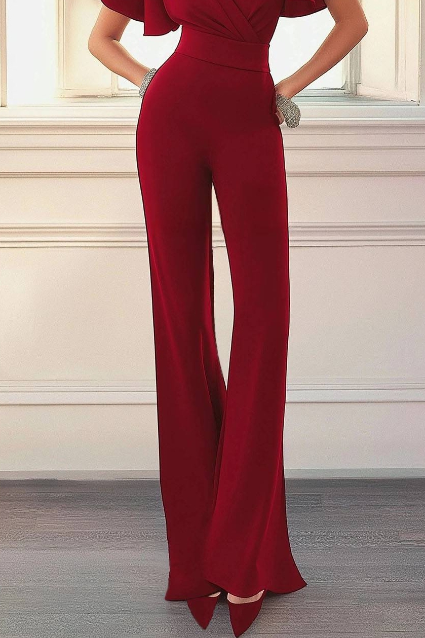Work Evening Sleek Red Jumpsuit Flared Legs V-Neckline Ruffled Sleeves Jumpsuit