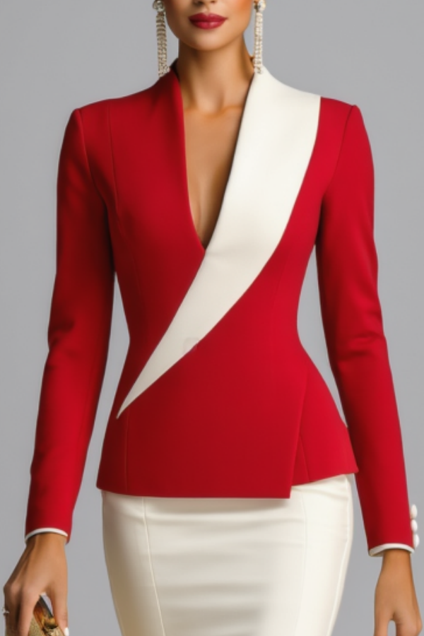 Work Outfit Sets Red Lapel Colorblock Mini Skirts Set