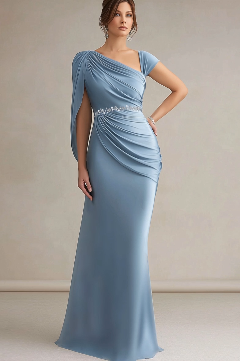 Formal Evening Dress Blue V Neck Belted Maxi Dress
