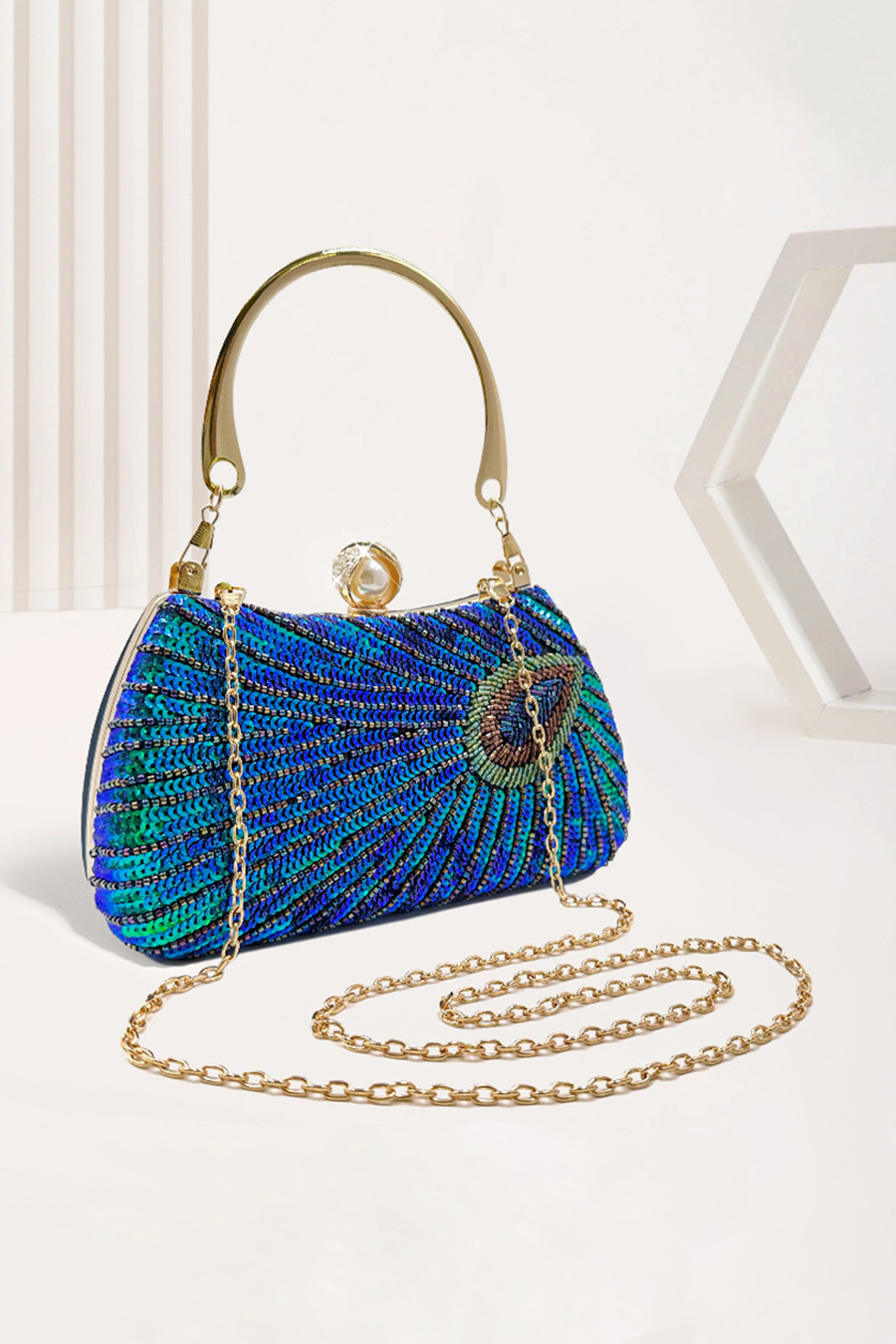 Blue Green Peacock Feather Pattern Beaded Evening Bag