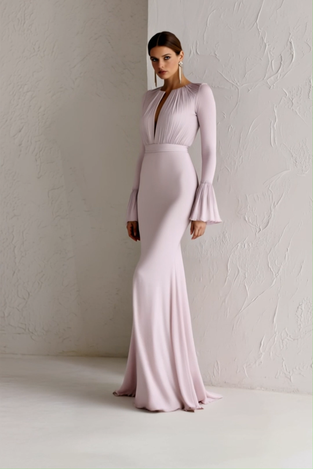 Party Formal Dress Purple Deep V-Neck Long Sleeve Ruffle Maxi Dress