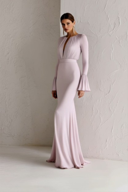 Party Formal Dress Purple Deep V-Neck Long Sleeve Ruffle Maxi Dress