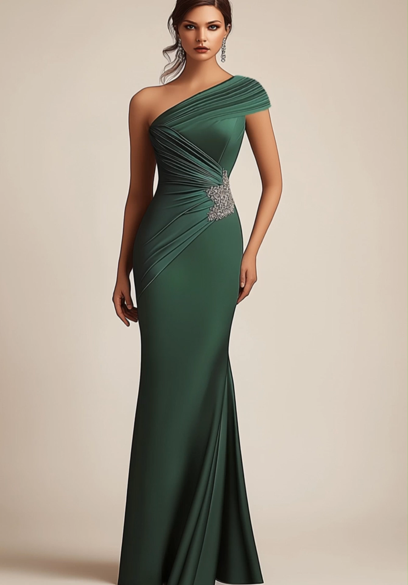 Formal Evening Dress Green One Shoulder Pleated Rhinestone Maxi Gown