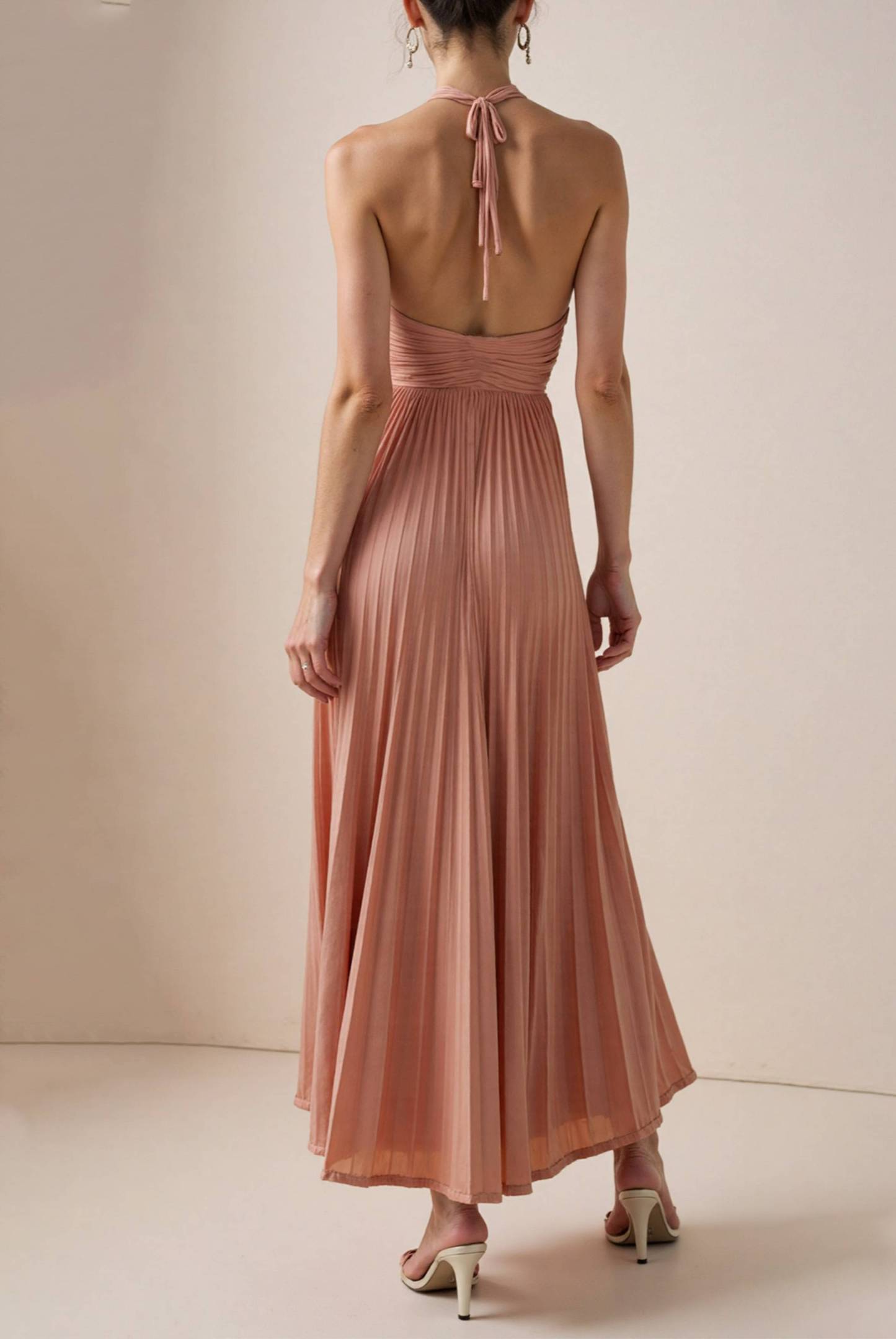Wedding Guest Casual Dress Light Pink Halter Neck Pleated Maxi Dress