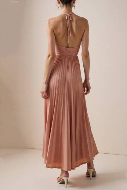 Wedding Guest Casual Dress Light Pink Halter Neck Pleated Maxi Dress
