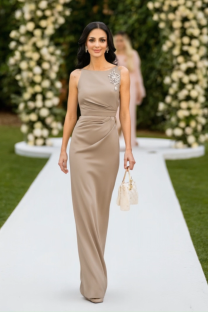 Wedding Guest Dress Khaki Crew Neck Maxi Dress