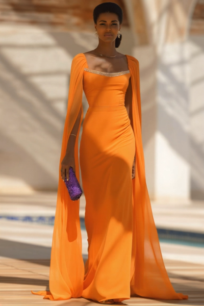 ​Evening Formal​ ​​Cape Dress Orange Square Neck Colorblock Floor-Length Dress